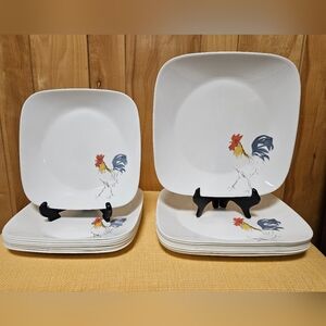 16 PC SET Corelle Square Rooster Country Dawn Dinner & Luncheon Plates